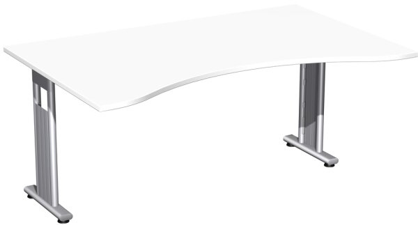 Schreibtisch Ergonomieform feste Höhe, beidseitig zurückgesetzt, 1600x1000x720, Weiß/Silber