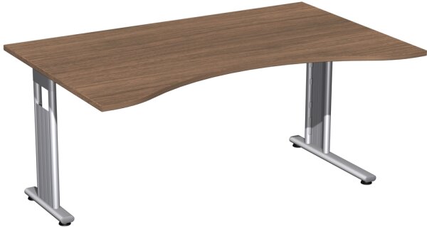 Schreibtisch Ergonomieform feste Höhe, einseitig zurückgesetzt, 1600x1000x720, Nussbaum/Silber