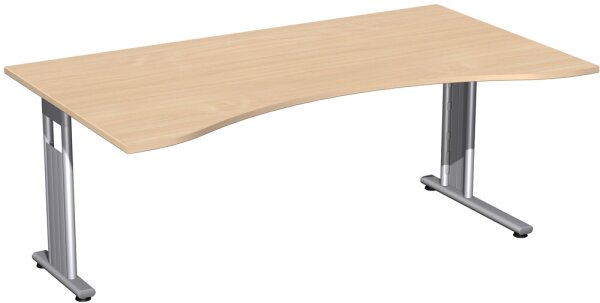Schreibtisch Ergonomieform feste Höhe, einseitig zurückgesetzt, 1800x1000x720, Buche/Silber