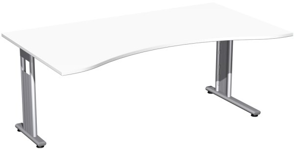 Schreibtisch Ergonomieform feste Höhe, einseitig zurückgesetzt, 1800x1000x720, Weiß/Silber