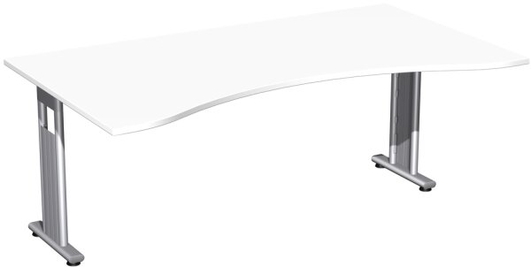 Schreibtisch Ergonomieform feste Höhe, beidseitig zurückgesetzt, 1800x1000x720, Weiß/Silber