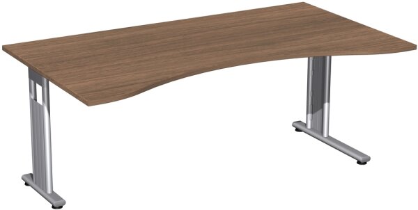 Schreibtisch Ergonomieform feste Höhe, einseitig zurückgesetzt, 1800x1000x720, Nussbaum/Silber