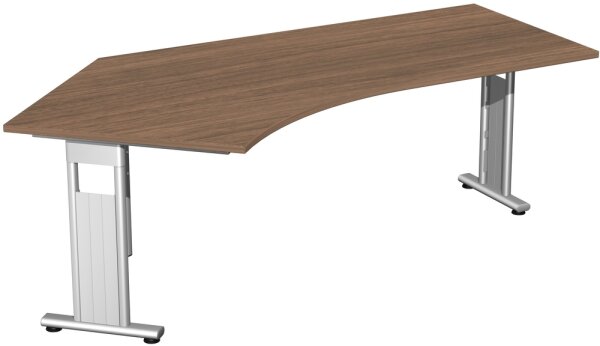 Schreibtisch 135° links feste Höhe, beidseitig zurückgesetzt, 2166x1130x720, Nussbaum/Silber