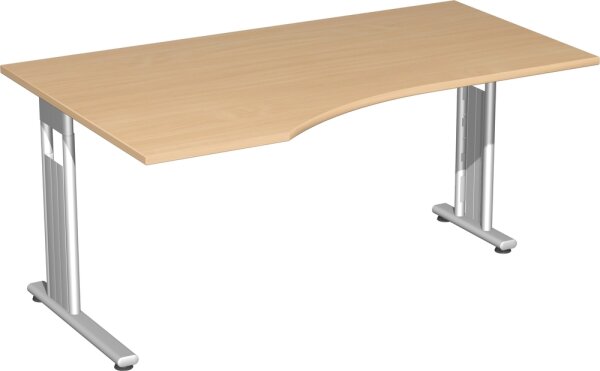PC-Schreibtisch links feste Höhe, einseitig zurückgesetzt, 1800x1000x720, Buche/Silber