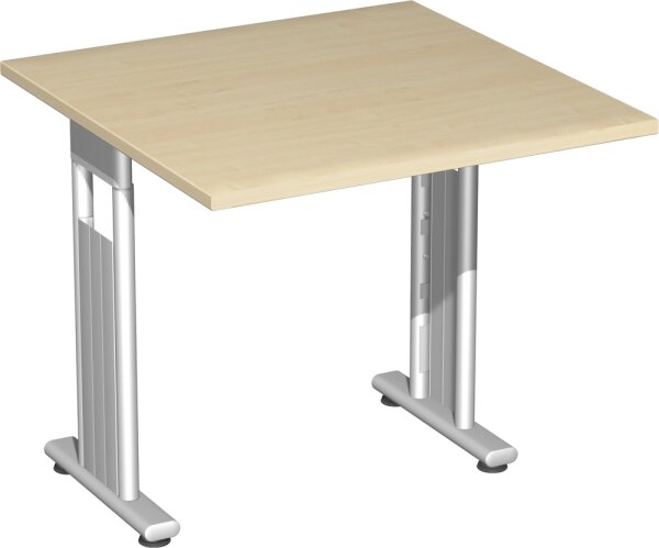 Schreibtisch höhenverstellbar, beidseitig zurückgesetzt, 800x800x680-820, Ahorn/Silber