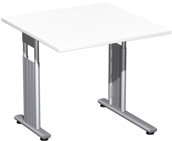 Schreibtisch höhenverstellbar, einseitig zurückgesetzt, 800x800x680-820, Weiß/Silber