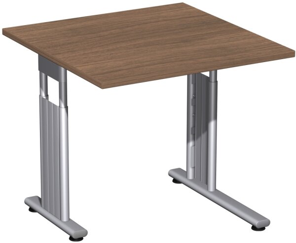 Schreibtisch höhenverstellbar, einseitig zurückgesetzt, 800x800x680-820, Nussbaum/Silber