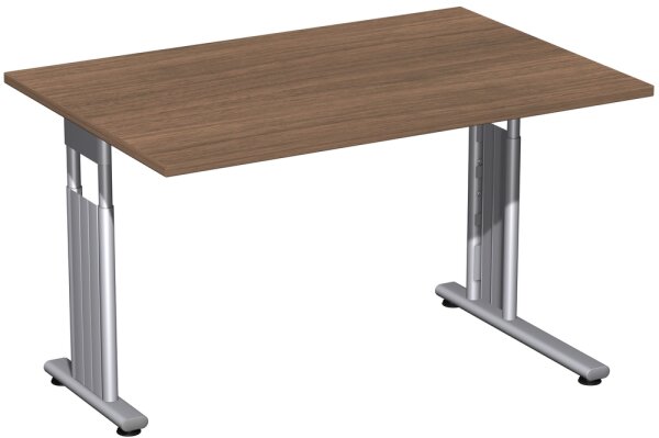 Schreibtisch höhenverstellbar, einseitig zurückgesetzt, 1200x800x680-820, Nussbaum/Silber
