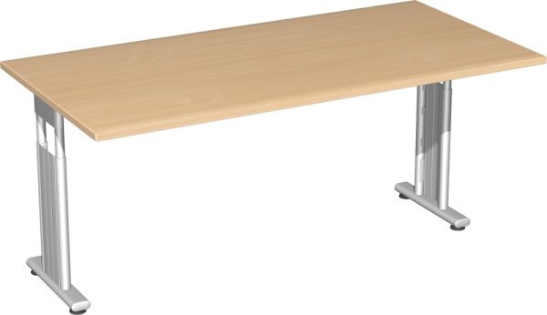 Schreibtisch höhenverstellbar, beidseitig zurückgesetzt, 1600x800x680-820, Buche/Silber