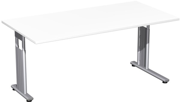 Schreibtisch höhenverstellbar, einseitig zurückgesetzt, 1600x800x680-820, Weiß/Silber