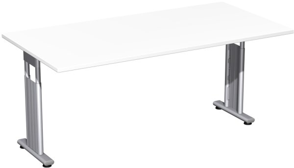 Schreibtisch höhenverstellbar, beidseitig zurückgesetzt, 1600x800x680-820, Weiß/Silber