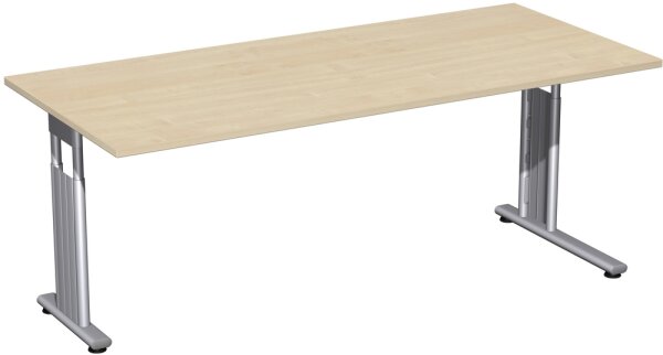 Schreibtisch höhenverstellbar, einseitig zurückgesetzt, 1800x800x680-820, Ahorn/Silber