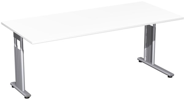 Schreibtisch höhenverstellbar, einseitig zurückgesetzt, 1800x800x680-820, Weiß/Silber
