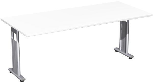 Schreibtisch höhenverstellbar, beidseitig zurückgesetzt, 1800x800x680-820, Weiß/Silber