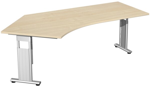 Schreibtisch 135° links höhenverstellbar, beidseitig zurückgesetzt, 2166x1130x680-820, Ahorn/Silber