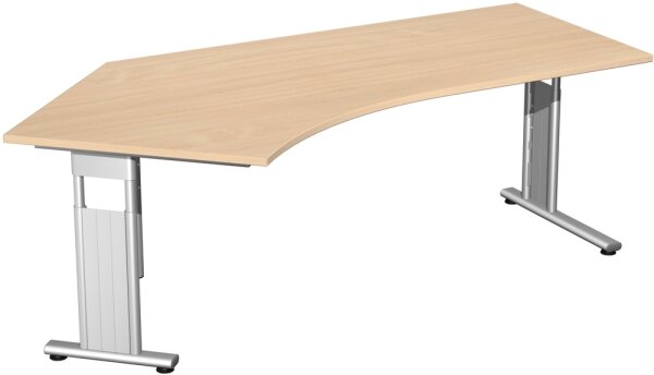Schreibtisch 135° links höhenverstellbar, einseitig zurückgesetzt, 2166x1130x680-820, Buche/Silber