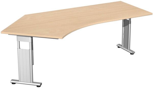 Schreibtisch 135° links höhenverstellbar, beidseitig zurückgesetzt, 2166x1130x680-820, Buche/Silber