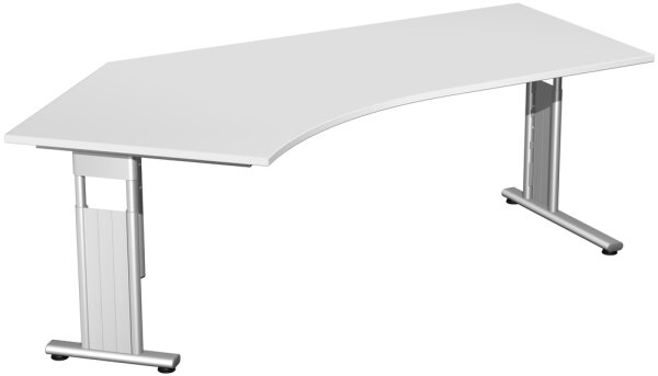 Schreibtisch 135° links höhenverstellbar, einseitig zurückgesetzt, 2166x1130x680-820, Lichtgrau/Silber