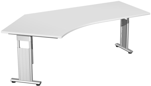 Schreibtisch 135° links höhenverstellbar, beidseitig zurückgesetzt, 2166x1130x680-820, Lichtgrau/Silber