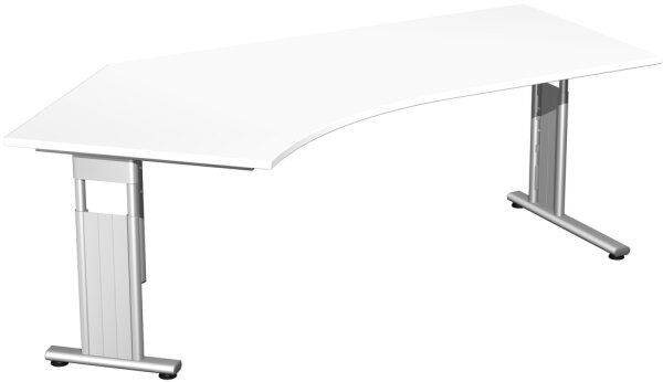 Schreibtisch 135° links höhenverstellbar, einseitig zurückgesetzt, 2166x1130x680-820, Weiß/Silber