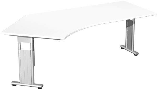 Schreibtisch 135° links höhenverstellbar, beidseitig zurückgesetzt, 2166x1130x680-820, Weiß/Silber