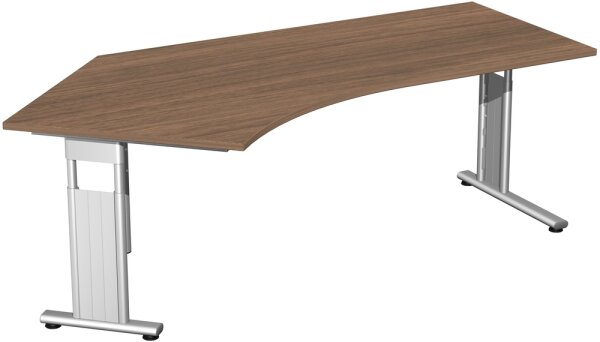 Schreibtisch 135° links höhenverstellbar, einseitig zurückgesetzt, 2166x1130x680-820, Nussbaum/Silber