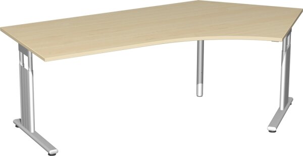 Schreibtisch 135° rechts höhenverstellbar, 2166x1130x680-820, Ahorn/Silber