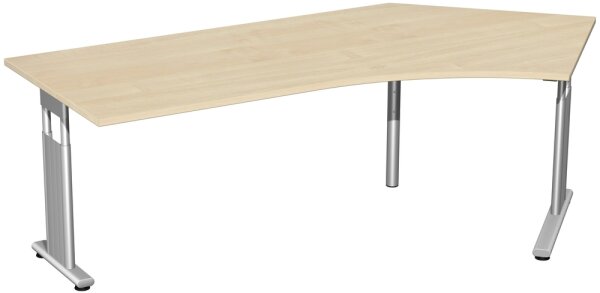 Schreibtisch 135° rechts höhenverstellbar, einseitig zurückgesetzt, 2166x1130x680-820, Ahorn/Silber