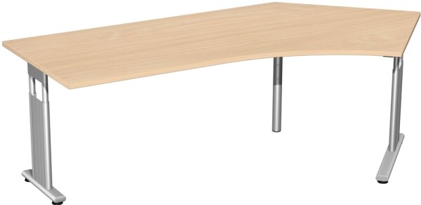 Schreibtisch 135° rechts höhenverstellbar, einseitig zurückgesetzt, 2166x1130x680-820, Buche/Silber
