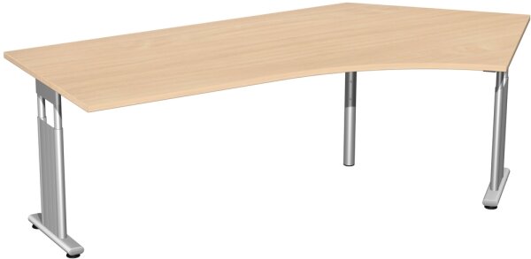 Schreibtisch 135° rechts höhenverstellbar, beidseitig zurückgesetzt, 2166x1130x680-820, Buche/Silber