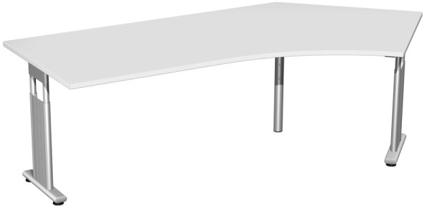Schreibtisch 135° rechts höhenverstellbar, beidseitig zurückgesetzt, 2166x1130x680-820, Lichtgrau/Silber