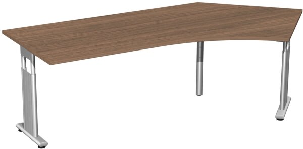 Schreibtisch 135° rechts höhenverstellbar, beidseitig zurückgesetzt, 2166x1130x680-820, Nussbaum/Silber