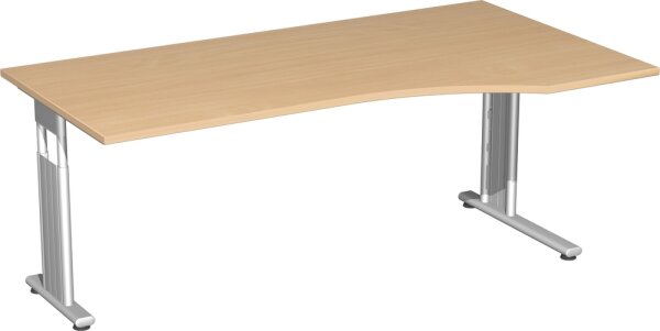 PC-Schreibtisch rechts höhenverstellbar, einseitig zurückgesetzt, 1800x1000x680-820, Buche/Silber