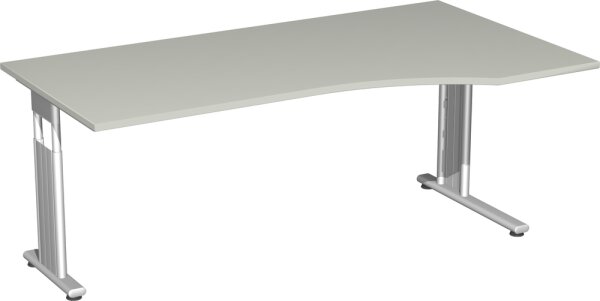 PC-Schreibtisch rechts höhenverstellbar, einseitig zurückgesetzt, 1800x1000x680-820, Lichtgrau/Silber
