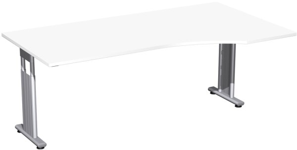 PC-Schreibtisch rechts höhenverstellbar, beidseitig zurückgesetzt, 1800x1000x680-820, Weiß/Silber