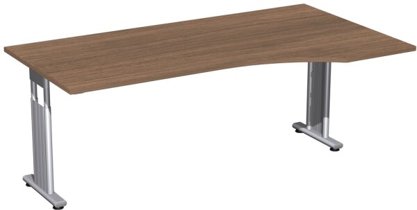 PC-Schreibtisch rechts höhenverstellbar, beidseitig zurückgesetzt, 1800x1000x680-820, Nussbaum/Silber