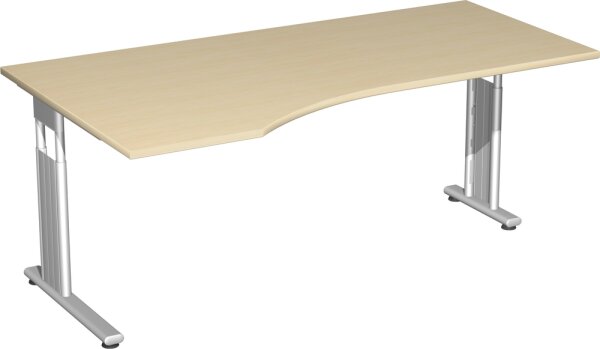 PC-Schreibtisch links höhenverstellbar, einseitig zurückgesetzt, 1800x1000x680-820, Ahorn/Silber