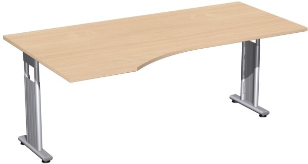 PC-Schreibtisch links höhenverstellbar, beidseitig zurückgesetzt, 1800x1000x680-820, Buche/Silber