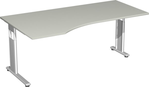 PC-Schreibtisch links höhenverstellbar, einseitig zurückgesetzt, 1800x1000x680-820, Lichtgrau/Silber