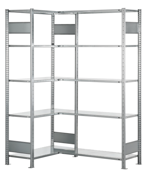 Eckregal, HxBxT 2000x1000x300 mm, 10 Fachboeden, verzinkt