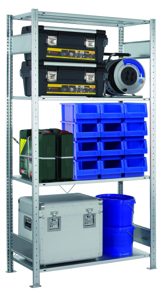 Stecksystem-Set Anbauregal, verzinkt, 2000x1000x400 mm, 4 Multiplus Boeden Typ 150 kg, mit Kreuzstrebe