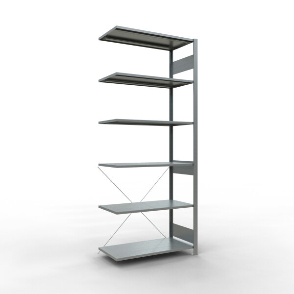 Stecksystem Anbauregal verzinkt, 2500x1000x500 mm, 6 MultiPlus Boeden Typ 150 kg, mit Kreuzstrebe