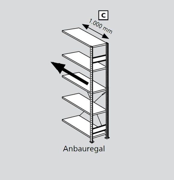 Eckregal-Anbaufeld C mit Kreuzstrebe, HxBxT 2500x1000x600 mm, 6 Fachboeden, verzinkt