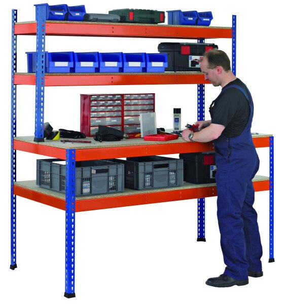 Z1-Workbench, 1.981 x 2456 x 773/316 mm, Blue/Orange, with Shelf Levels