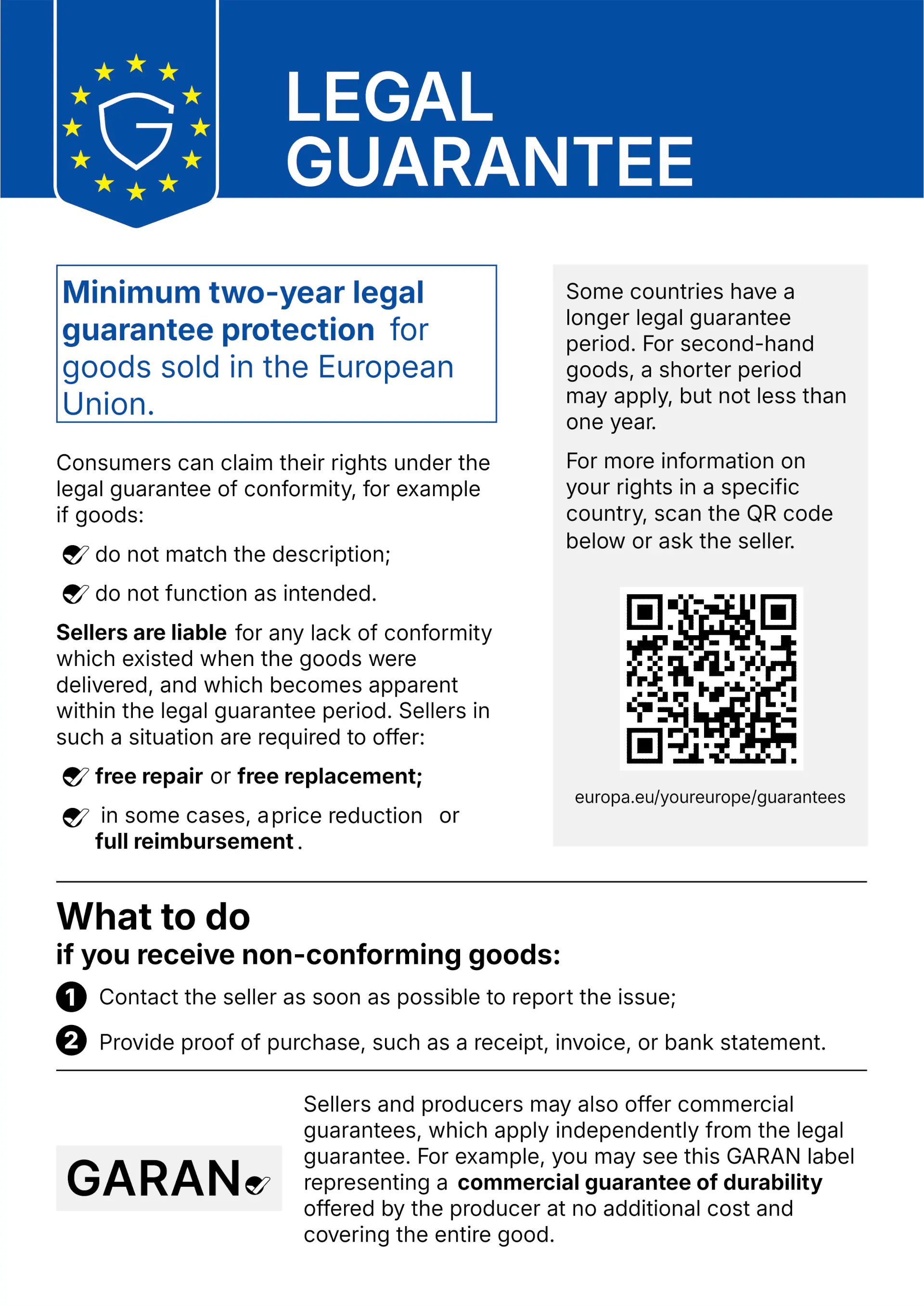 Harmonised notice on legal guarantee rights